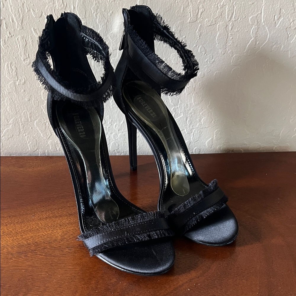 Forever 21 Black Frayed Ankle-Strap Stiletto Heels
